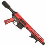 Custom red and black AR-15 billet upper receiver with honeycomb handguard.
