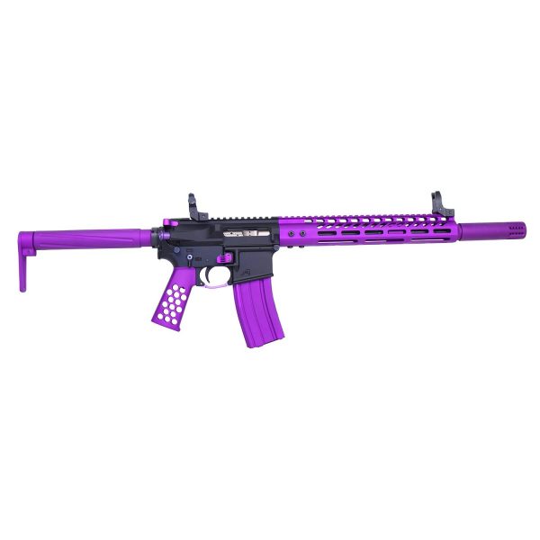 Custom purple AR-15 rifle with tactical design, black receiver, and personalized modular components.