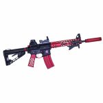 Custom AR-15 rifle with red anodized pistol grip and tactical accessories.