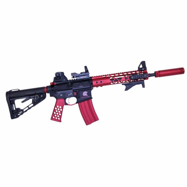 Custom AR-15 rifle with red anodized pistol grip and tactical accessories.
