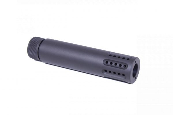 AR .308 caliber barrel shroud with multi-port muzzle brake, matte finish, precision-machined.