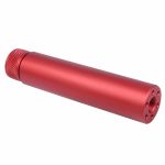 Metallic red cylindrical device with textured grip and machined openings, possibly a suppressor.