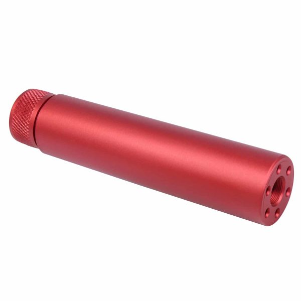 Metallic red cylindrical device with textured grip and machined openings, possibly a suppressor.