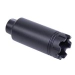 Black cylindrical flash hider muzzle device with star-shaped opening and grooved ridges for tactical rifles.