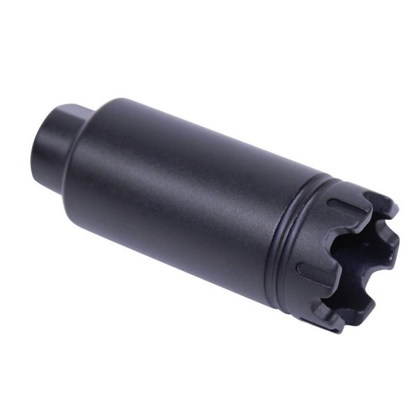 Black cylindrical flash hider muzzle device with star-shaped opening and grooved ridges for tactical rifles.