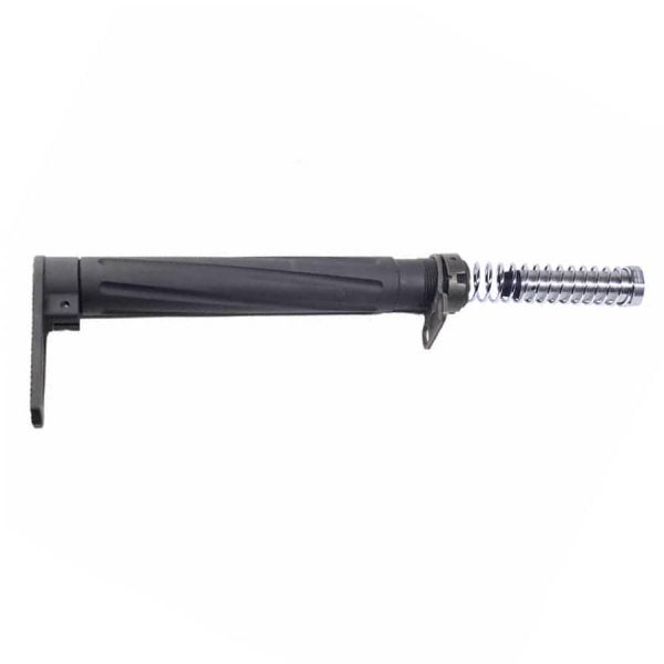 Adjustable metal hinge with black plastic grip and threaded rod for secure attachment.
