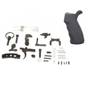 Disassembled AR-15 lower parts kit with A2 pistol grip and black phosphate metal components.