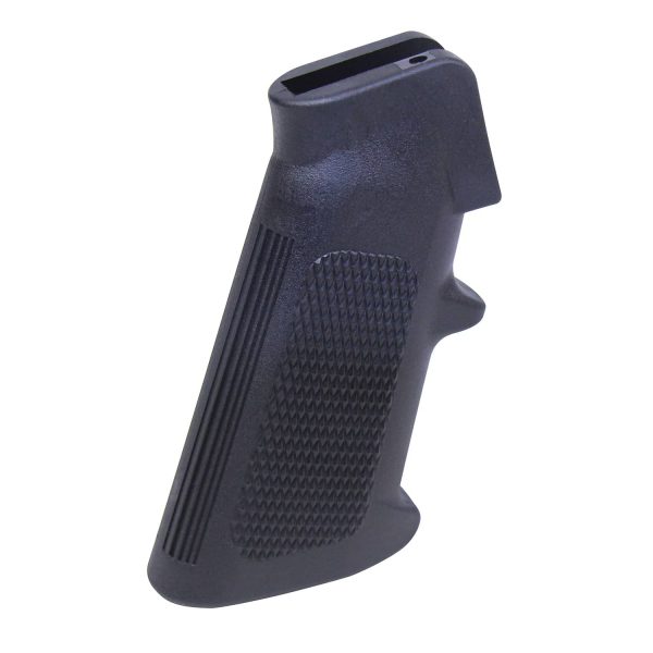 Ergonomic black polymer pistol grip with textured surface for enhanced control.