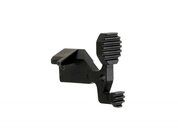 AR-15 ergonomic bolt catch, L-shaped design, textured gears, durable material, precision control.