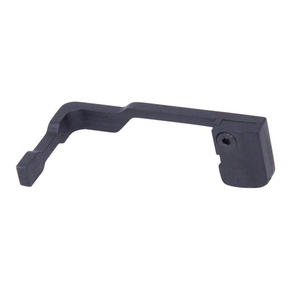 Black extended trigger guard, L-shaped, matte finish, ergonomic, with mounting hole; ideal for customization.