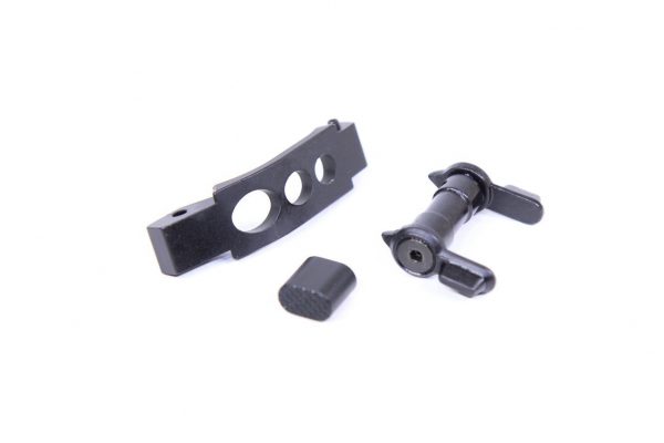 Set of black AR-15 accessory mounting components on a white background.