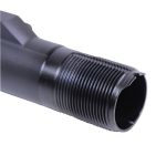 Close-up of a black firearm barrels precision-threaded section for accessory attachment.