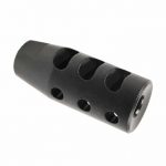 Black AR-15 9mm compensator with multi-ports to reduce recoil and enhance shooting control.
