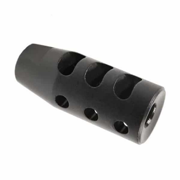 Black AR-15 9mm compensator with multi-ports to reduce recoil and enhance shooting control.