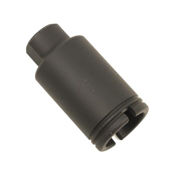 Compact matte black flash can for 9mm, reduces muzzle flash and manages recoil.