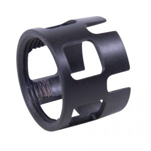 Matte black tactical barrel attachment with cutouts, machined metal; flash hider or muzzle brake.