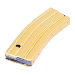 Gold anodized 30-round AR 5.56 magazine with anti-tilt follower.