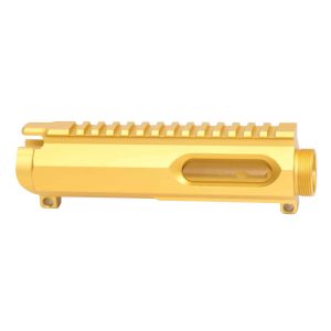 Gold anodized AR-15 9mm stripped billet upper receiver with Picatinny rail.