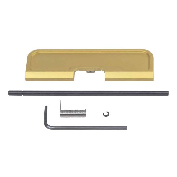 AR-15 Gen 3 Gold Ejection Port Dust Cover Assembly with tools and components.