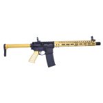Gold-black AR-15 with suppressor, free-floating rail, custom anodized parts, adjustable stock.