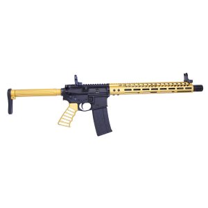 Gold-black AR-15 with suppressor, free-floating rail, custom anodized parts, adjustable stock.