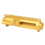 Gold AR-15 billet upper receiver with Picatinny rail and fine threading.