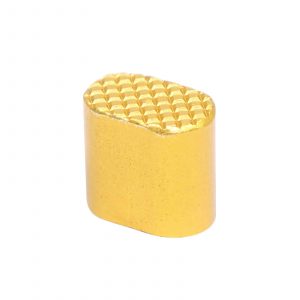 Gold AR-15 Extended Magazine Button with Textured Top and Sleek Design.