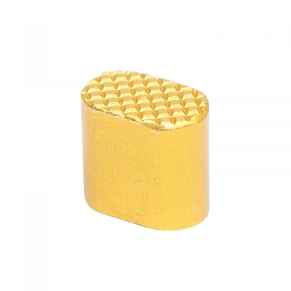 Gold AR-15 Extended Magazine Button with Textured Top and Sleek Design.