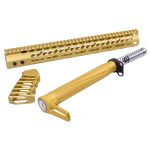 Gold AR-15 furniture set with handguard, buffer tube, and grip on white background.