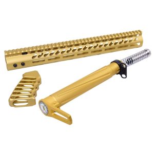Gold AR-15 furniture set with handguard, buffer tube, and grip on white background.