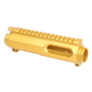 Gold anodized AR-15 billet upper receiver with Picatinny rail.