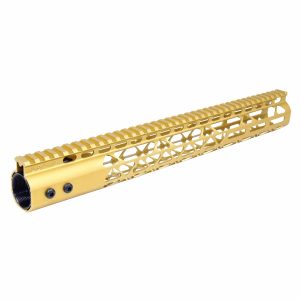 Guntec USA 15 gold anodized AR-15 handguard with M-LOK and top rail.