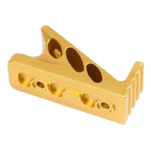 Gold anodized M-LOK Micro Angle Grip with precision-engineered cutouts and reflective finish.
