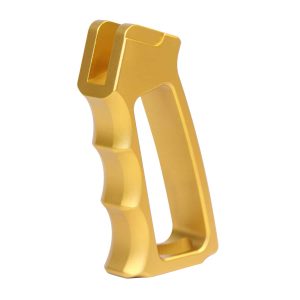 Gold anodized aluminum pistol grip, Gen 2, ergonomic with finger grooves for secure handling.