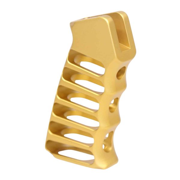 Gold skeletonized aluminum pistol grip for enhanced comfort and style.