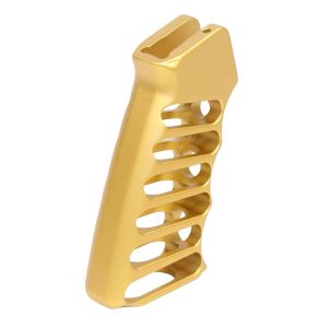 Gold-plated aluminum pistol grip with ergonomic skeletonized design for lightweight handling.