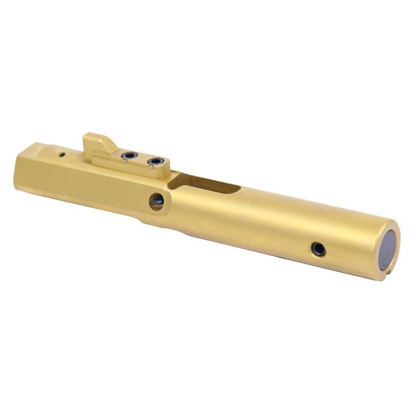 Gold-coated AR 9mm Caliber Bolt Carrier Group, precision-machined and TiN finished.