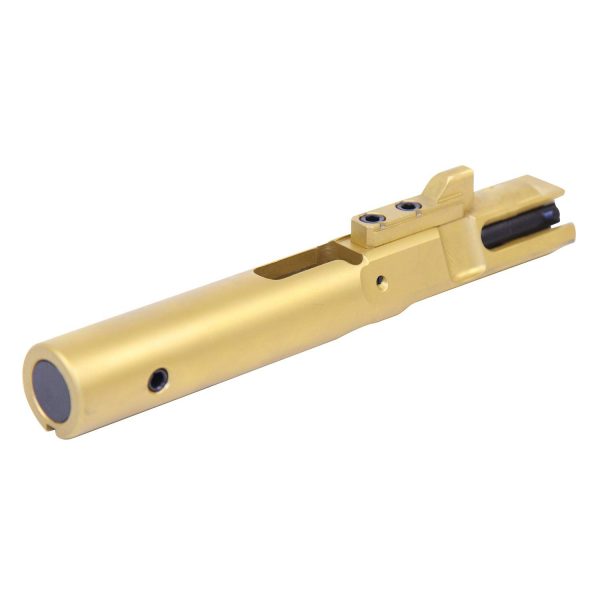 Gold-coated Guntec USA AR 9mm bolt carrier group, precision-engineered for high performance.
