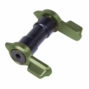 Anodized green AR-15 ambidextrous short-throw safety lever.