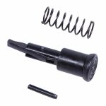 AR-15 Forward Assist: Cylindrical body, spring, pin, matte black gun components on white background.