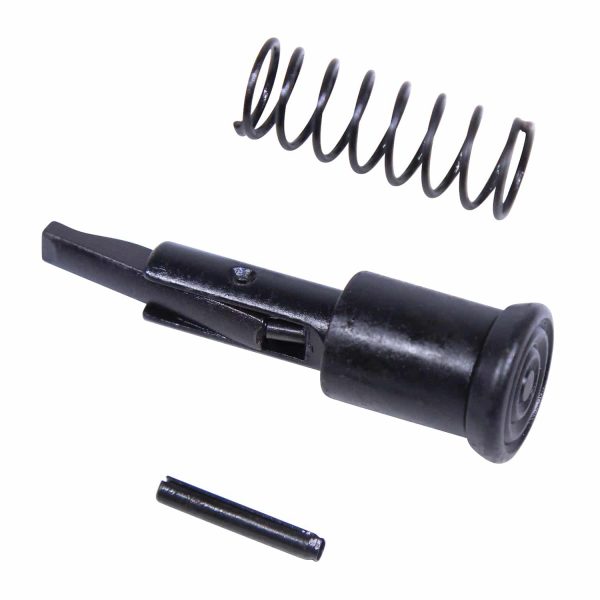 AR-15 Forward Assist: Cylindrical body, spring, pin, matte black gun components on white background.