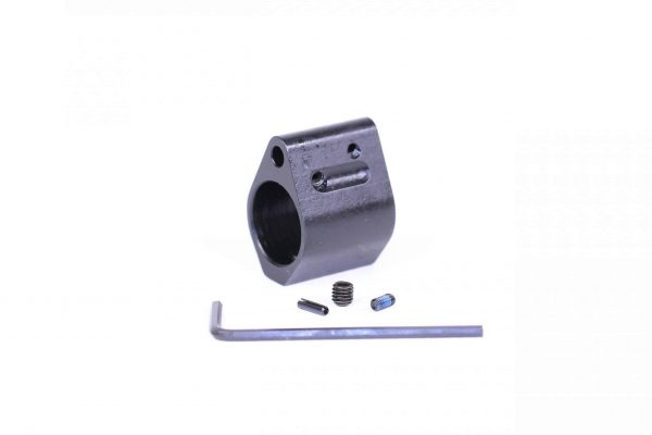 Adjustable steel gas block for AR-15 with installation tools on white background.