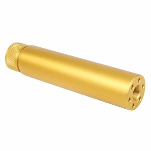 Gold AR-15 slip-over fake suppressor with knurled grip and threaded detailing.