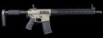 AR-style rifle with FDE receiver, black M-LOK handguard, and tactical features on dark background.