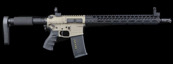 AR-style rifle with FDE receiver, black M-LOK handguard, and tactical features on dark background.