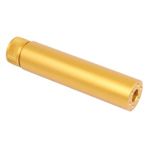 Gold AR-15 5.5-inch fake suppressor with knurled cap, sleek design.