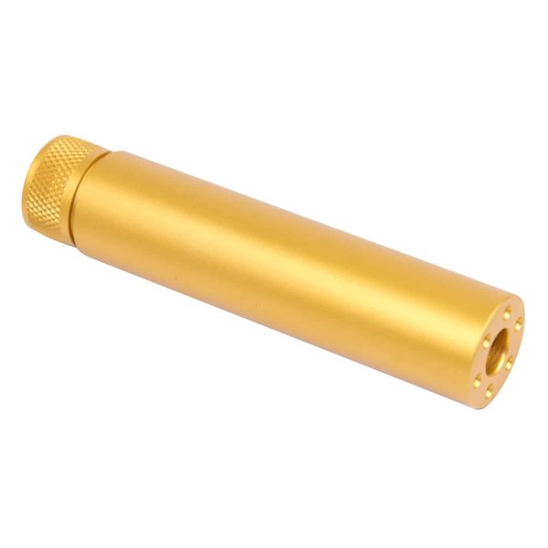 Gold AR-15 5.5-inch fake suppressor with knurled cap, sleek design.