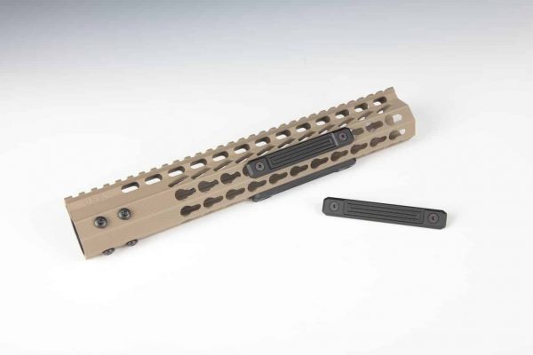 Guntec USA tan M-LOK handguard with Picatinny rail and barrel nut.