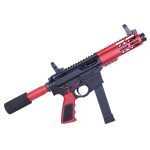 Compact AR-style firearm with red anodized handguard and suppressor.