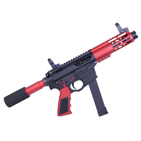 Compact AR-style firearm with red anodized handguard and suppressor.